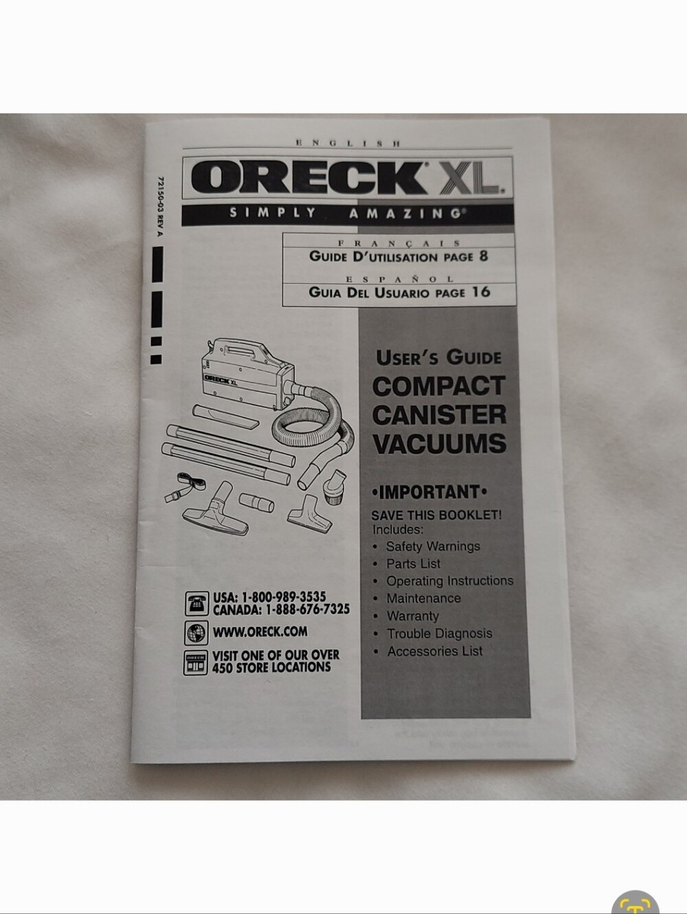 Oreck XL Vacuum Owner's Manual - User's Guide - English, French, Spanish
